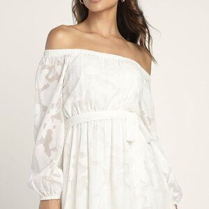 NWT Lulus Cute Day Out White Floral Burnout Off-the-Shoulder Mini Dress (SM)